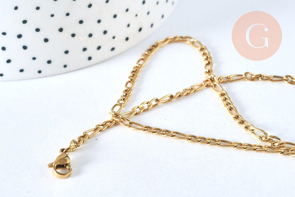 Chaine avec fermoir acier doré 18k figaro 3mm-45cm, x1 (G1491)