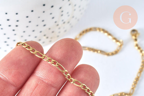 Chaine avec fermoir acier doré 18k figaro 3mm-45cm, x1 (G1491)