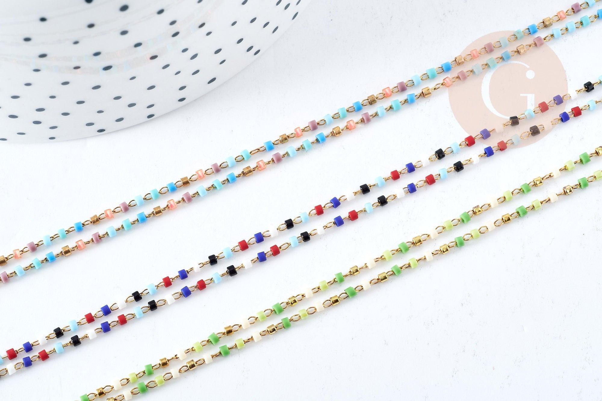 Collier Chaine complète acier inoxydable 304 doré perles rocaille multicolores artisanales 40.7cm, x1 G8777