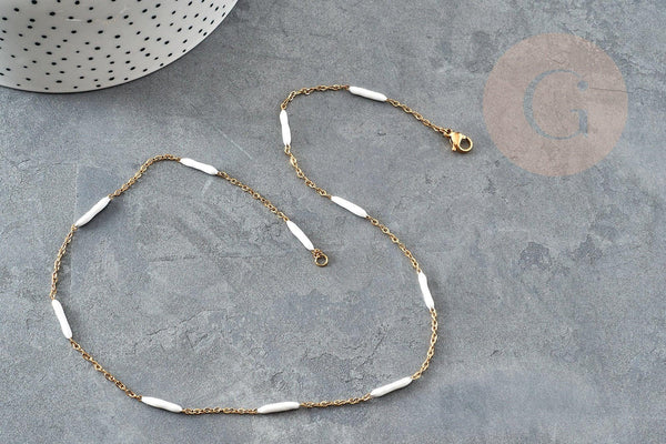 Chaine complète acier inoxydable PVD/IP dorée 14k fantaisie résine blanche 2mm/45cm, chaine avec fermoir x1 G9373