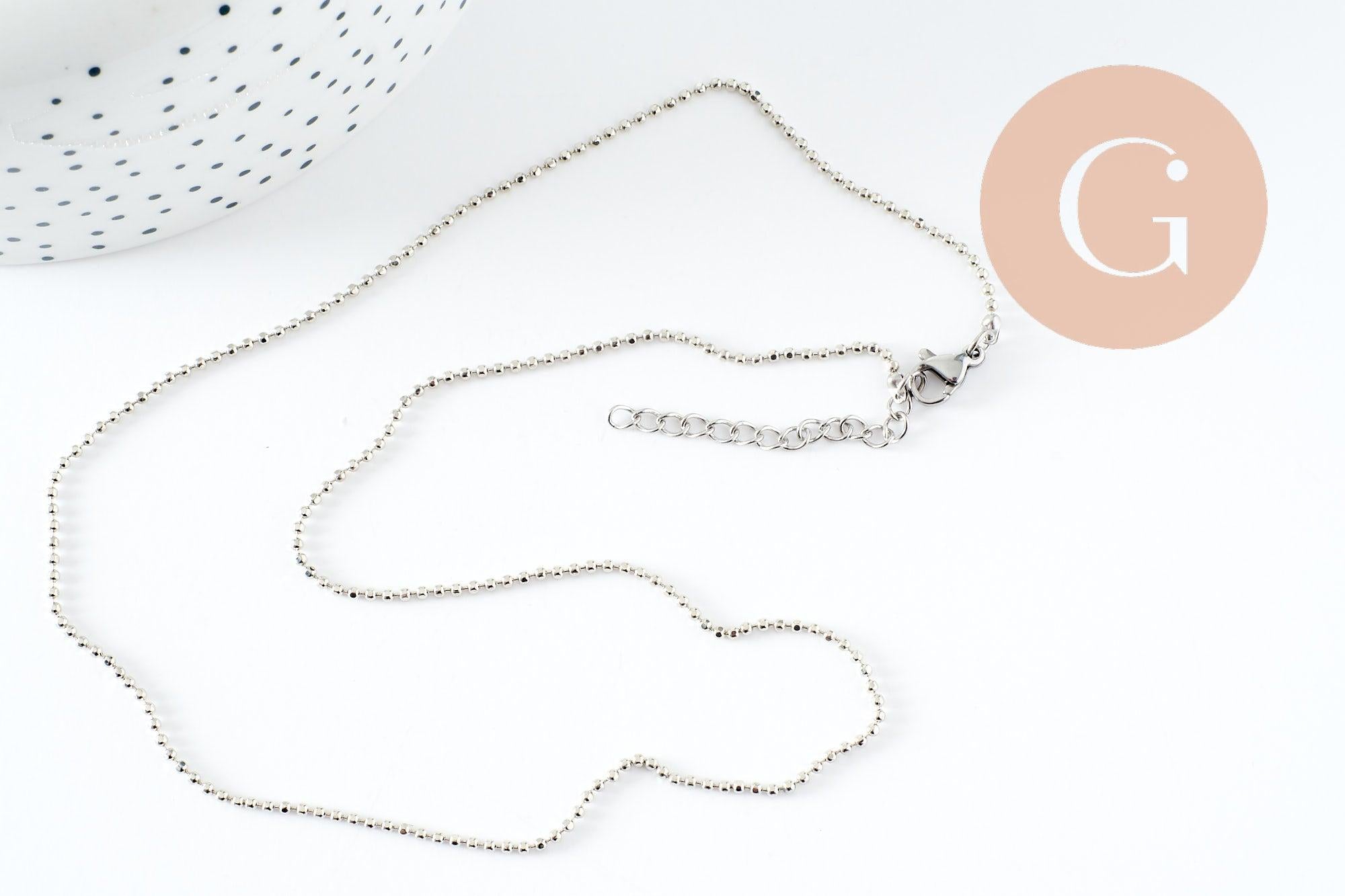 Collier Chaine complète boule acier 304 inoxydable platine 1.5mm/45.5cm,chaine fine argentée avec fermoir création collier x1 (G9778)