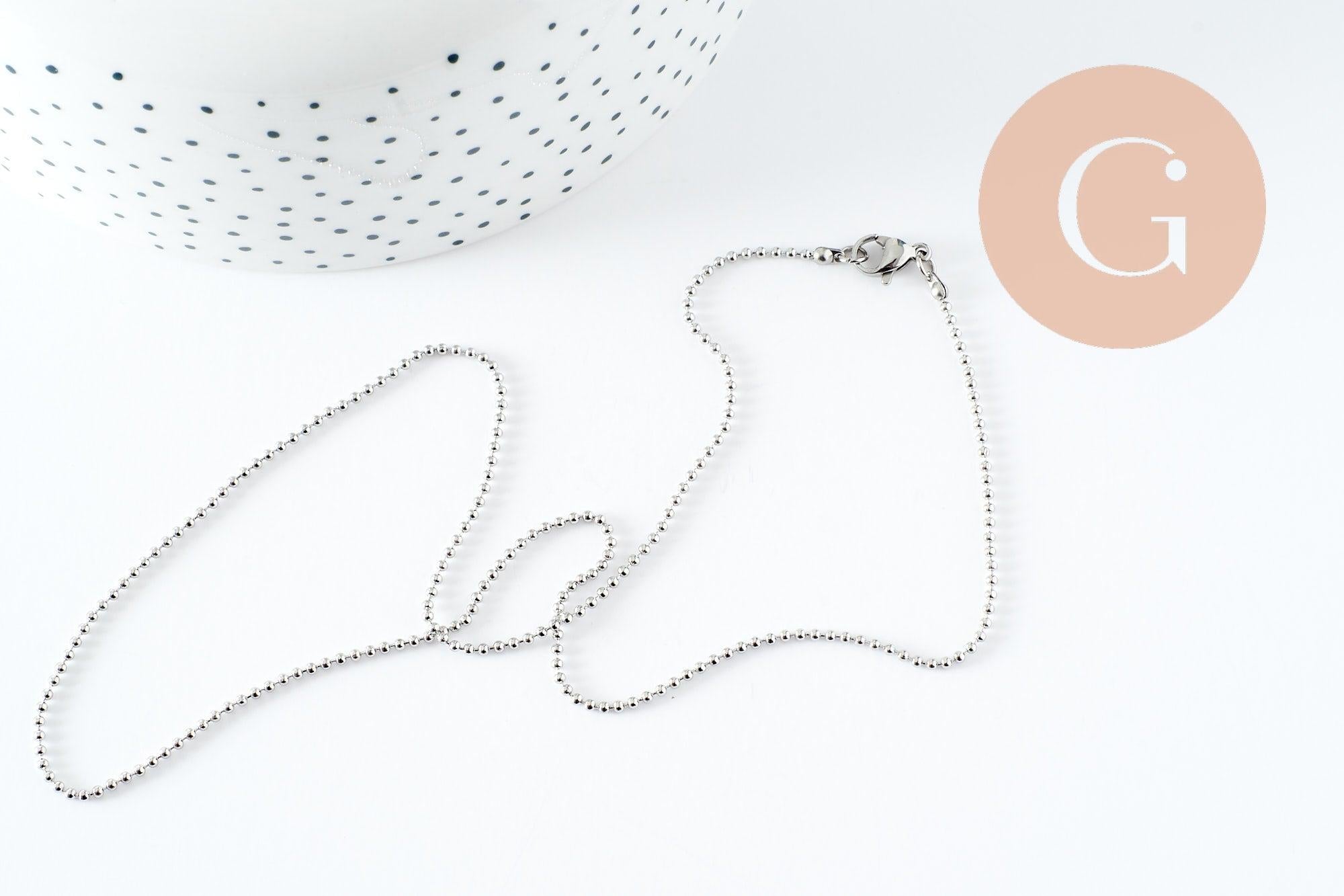 Collier Chaine complète boule acier 304 inoxydable platine 1.5mm/45.5cm,chaine fine argentée avec fermoir création collier x1 (G9778)