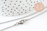 Collier chaine complète boule acier 304 inoxydable platine 1.5mm/46.5cm, x1 (G9591)