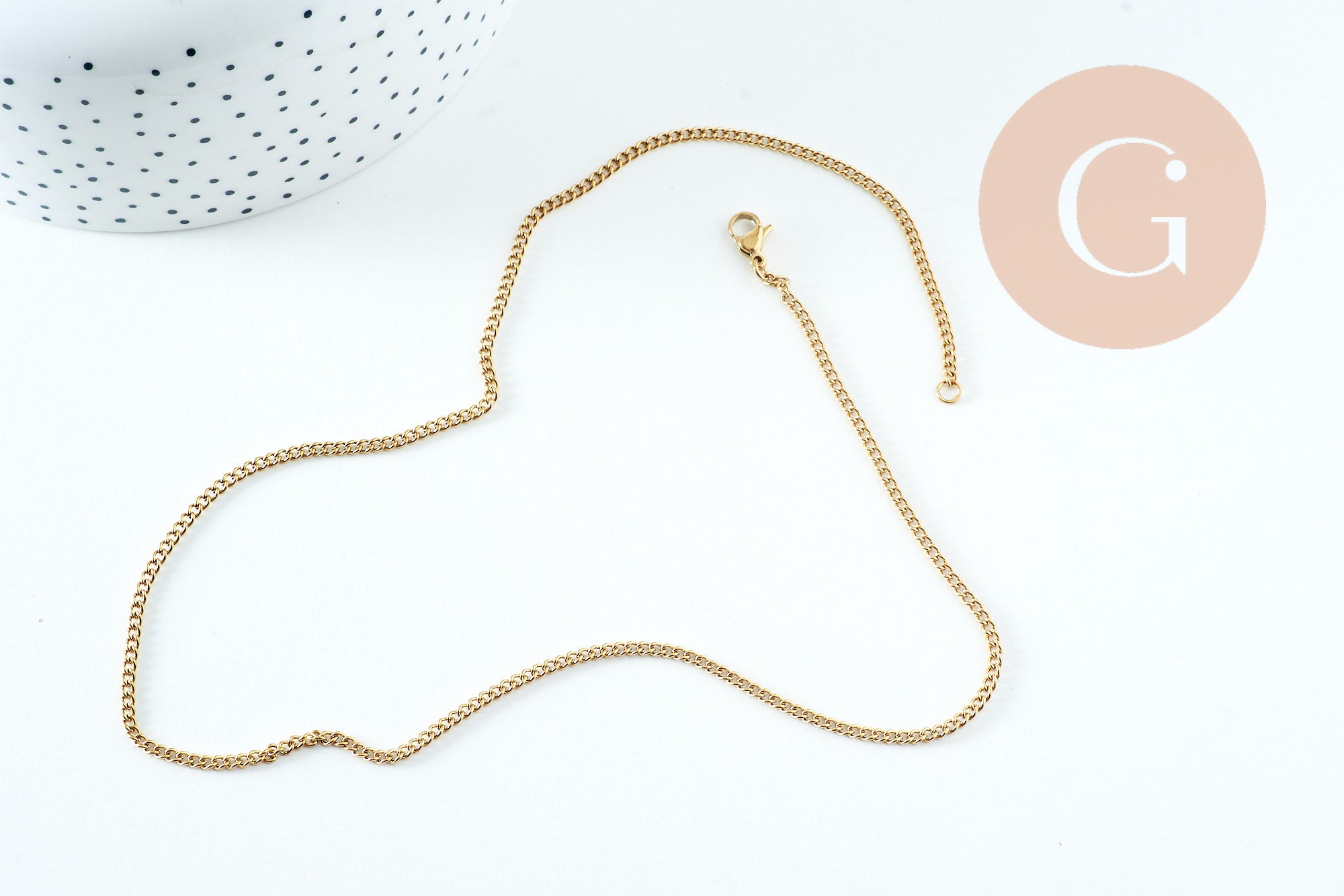 Collier Chaine complète plate acier inoxydable doré IP 2.2mm/45cm avec fermoir, x1 (G10731)