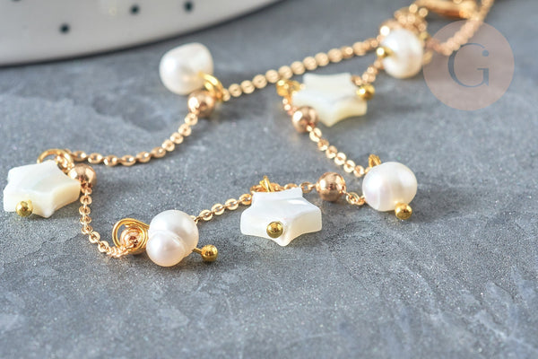 Chaine de cheville laiton doré étoile nacre perle eau douce 24.8cm, x1 (G7880)