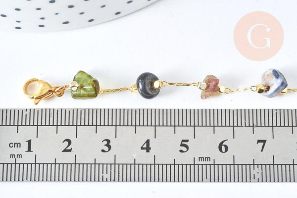 Chaine de cheville perles chips pierre naturelle laiton doré 22cm, x1 (G6979)