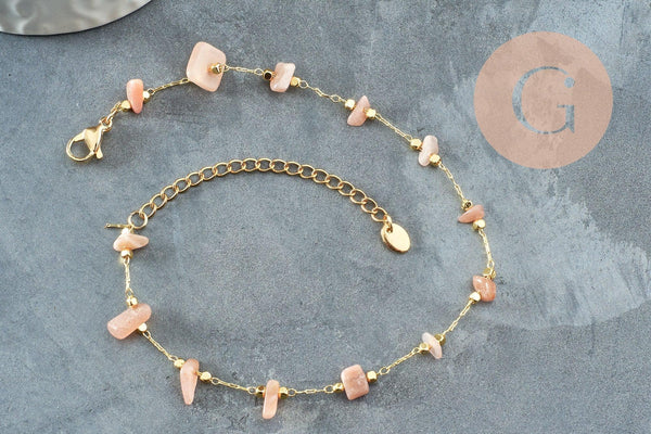 Chaine de cheville perles chips pierre naturelle laiton doré 22cm, x1 (G6979)