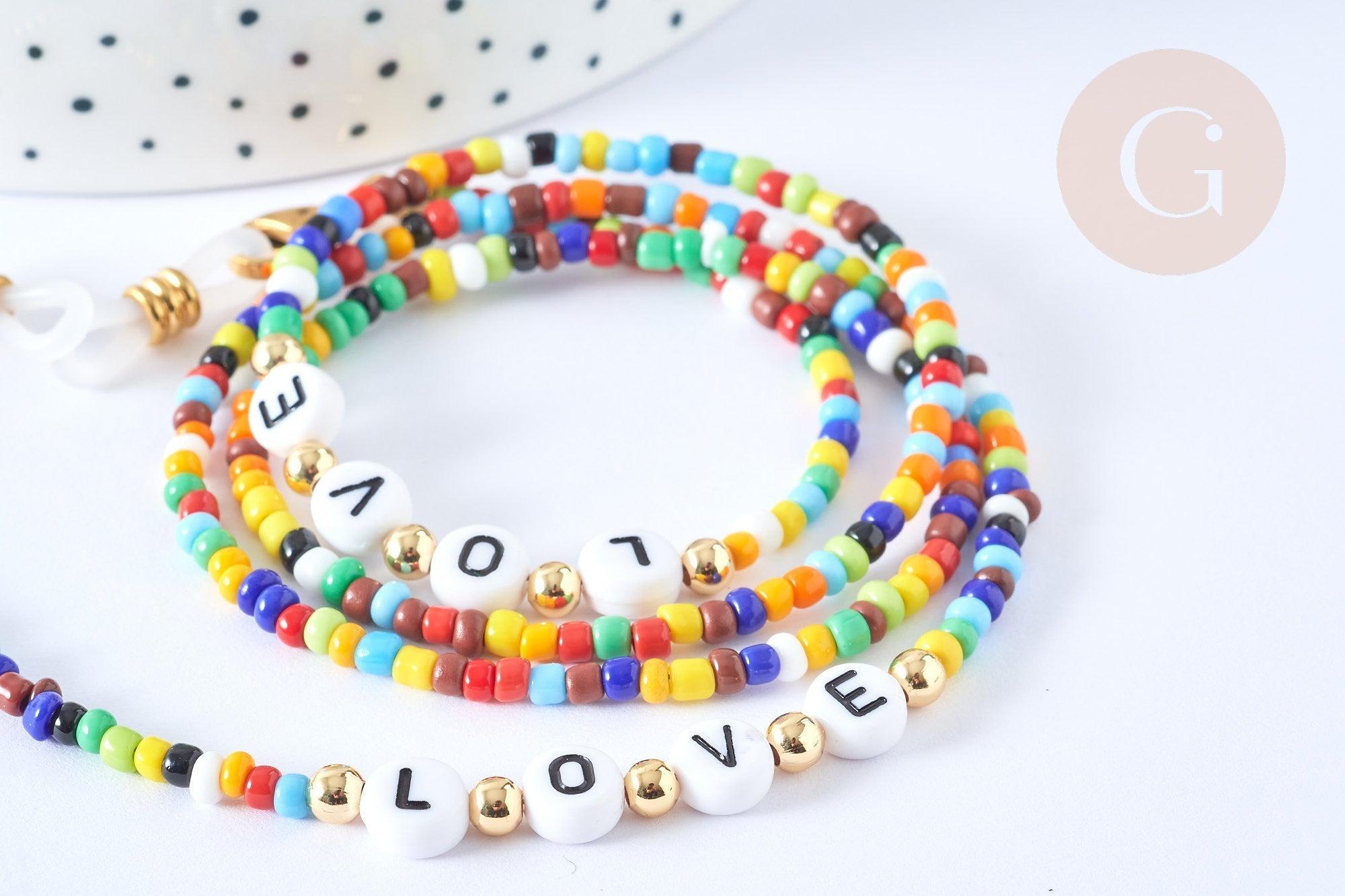 Chaine de lunettes ou masques perles verre et acrylique laiton doré 70,5cm LOVE chaine lunettes fantaisie, x1 (G7658)