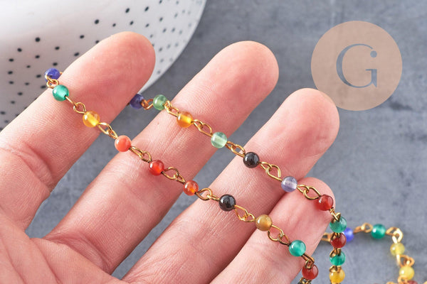 Chaine dorée perle agate naturelle colorée, chaine collier, chaine lunettes,chaine fantaisie 4.5mm, x1 mètre (G3393)