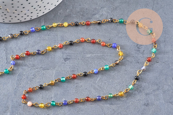 Chaine dorée perle agate naturelle colorée, chaine collier, chaine lunettes,chaine fantaisie 4.5mm, x1 mètre (G3393)