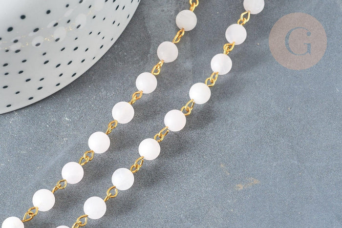 Chaine perle quartz rose ronde laiton doré 6.5mm, x1 mètre (G7357)
