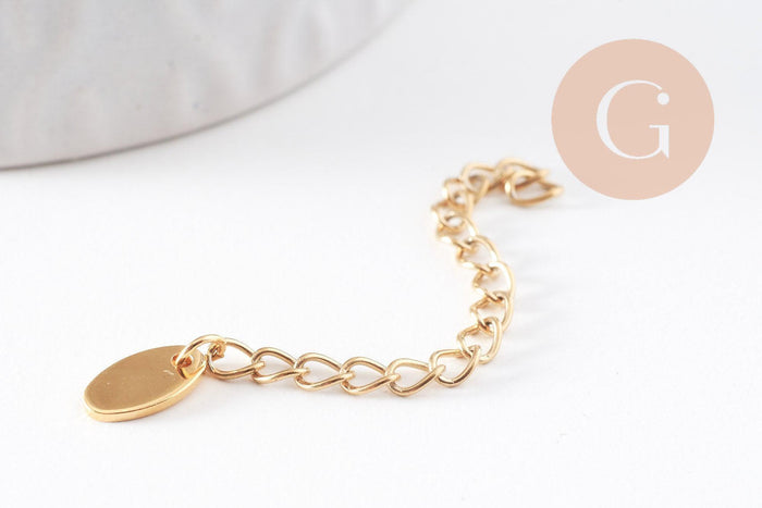 Chaine extension acier inoxydable doré PVD avec charm goutte de finition 55mm, x5 (G4625)