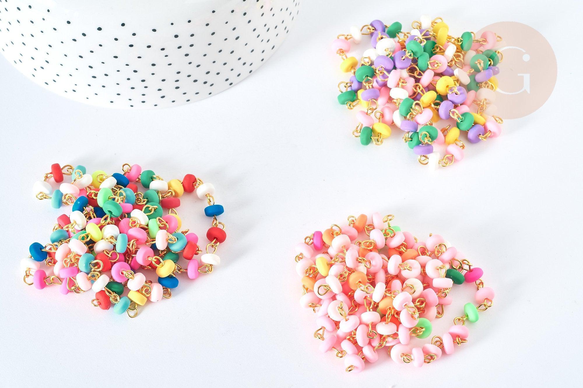 Chaine fer doré perles disques polymère multicolore heishi 6~7x3mm, bijoux heishi coloré, x1m (G7306)