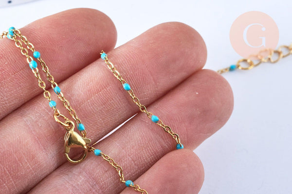 Chaîne fine acier doré inoxydable émail bleu turquoise 43cm, sans nickel, x1 G7113
