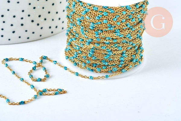 Chaîne fine acier inoxydable doré IP 14k résine bleue à paillettes 2mm, x1 mètre (G6892)