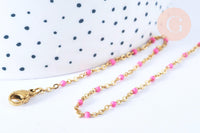 Collier Chaîne fine avec fermoir acier doré inoxydable émail rose 45cm, création bijoux fantaisie sans nickel, x1 (G7130)