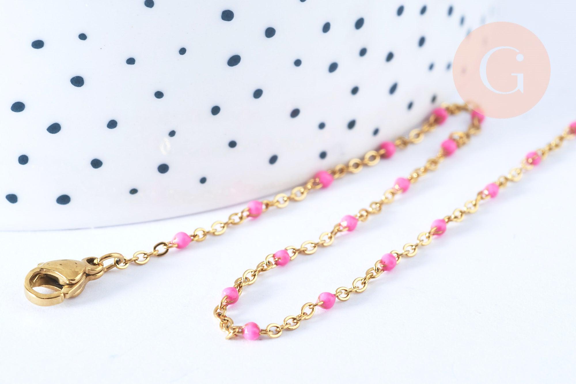Collier Chaîne fine avec fermoir acier doré inoxydable émail rose 45cm, création bijoux fantaisie sans nickel, x1 (G7130)