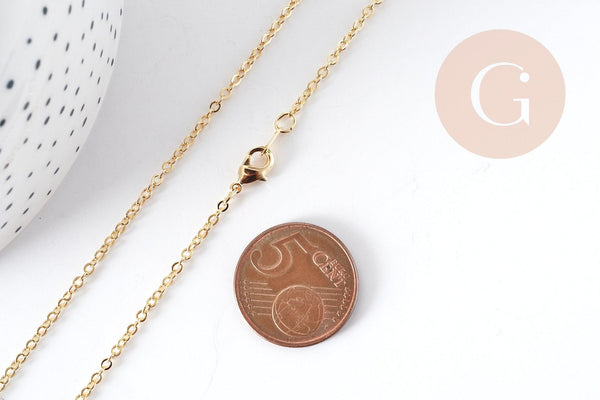 Chaine fine dorée maille forçat 16K 2.5 microns 1.5 mm- 39cm, collier chaine complète dorée avec fermoir, x1 G8924