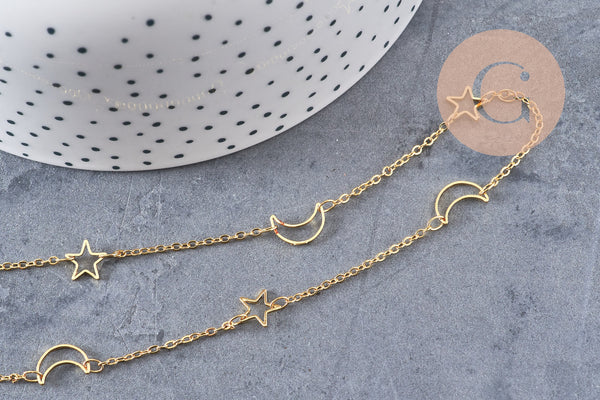 Chaine laiton doré 18 carats lune et étoile, chaine dorée fantaisie x2x1.9mm, x1 mètre (G5445)