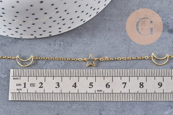 Chaine laiton doré 18 carats lune et étoile, chaine dorée fantaisie x2x1.9mm, x1 mètre (G5445)