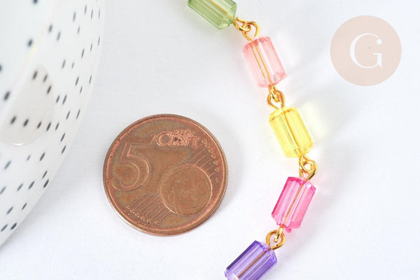 Chaine perles acrylique tube multicolore métal doré 8,5-9,5mm, création bijoux colorés, x 1Mètre (G7183)