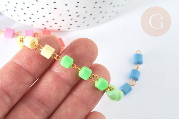 Chaine perles tubes polymère multicolore heishi fer doré 6mm, fabrication bijoux coloré, x1m (G7237)