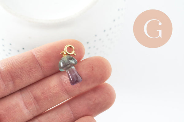Charm champignon fluorite violette naturelle laiton dorée 28mm, pendentif en pierre naturelle, x1 (G9812)