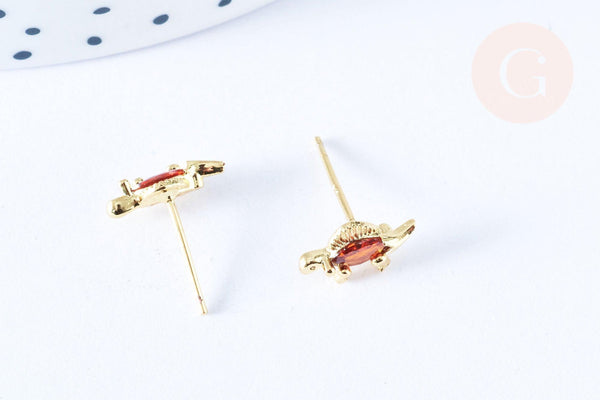 Clous d'oreille Dinosaure stégosaure laiton zircon rouge avec poussoirs d'oreilles, idées cadeaux femmes fille, la paire (G7917)