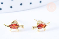 Clous d'oreille Dinosaure stégosaure laiton zircon rouge avec poussoirs d'oreilles, idées cadeaux femmes fille, la paire (G7917)