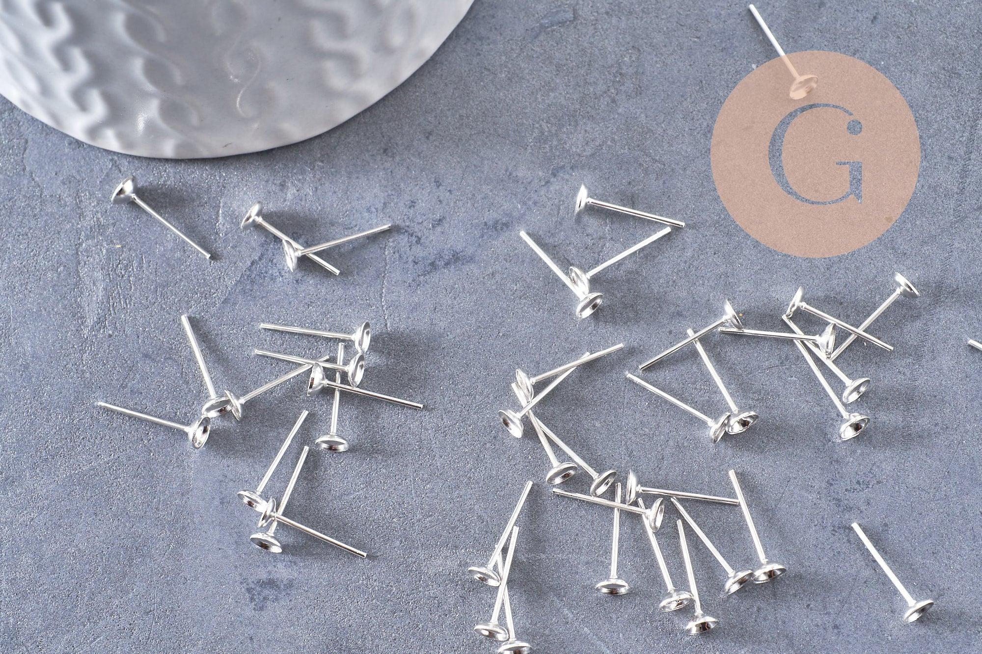 Clous-puces oreille argentés avec plateau 4mm, x50 (G0503)