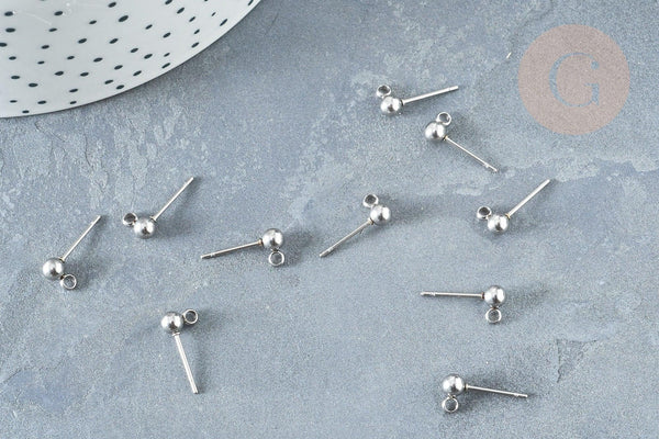 Clous puces oreille boule acier 304 platine inoxydable anneau, x10 (G8150)
