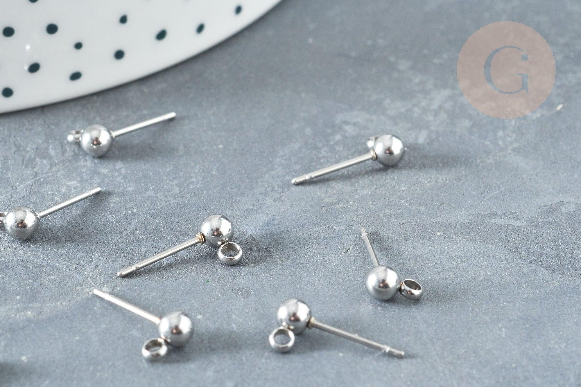 Clous puces oreille boule acier 304 platine inoxydable anneau, x10 (G8150)
