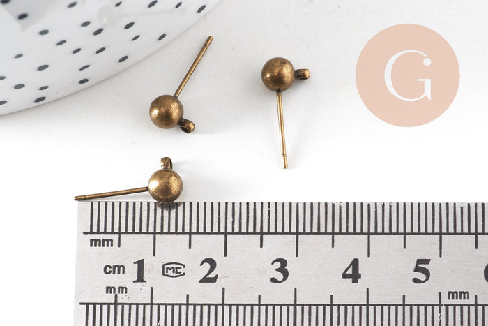 Clous-puces oreille boule bronze avec anneau, boucles d'oreille,oreille percée,diamètre 5mm, x 10 (G0647)