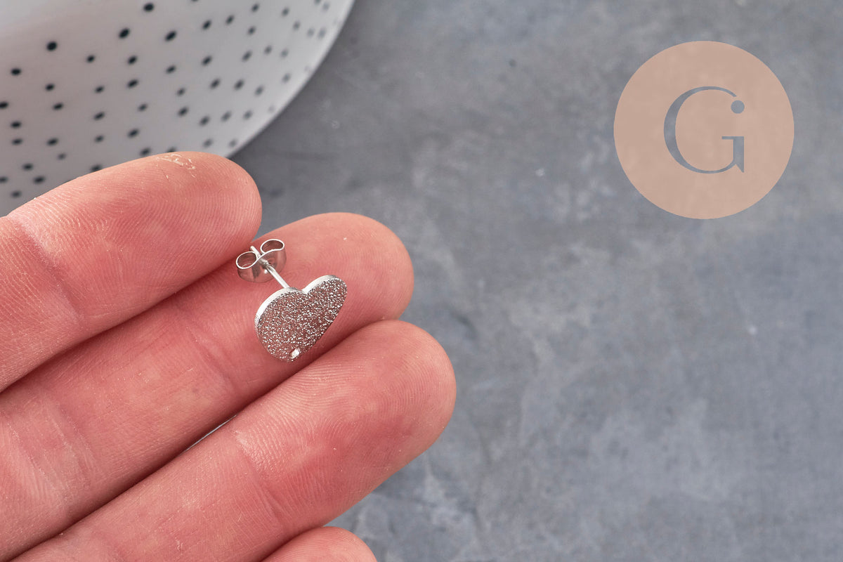 Heart stud earrings, 304 stainless steel, platinum, sanded, 1 hole, 13mm, pair VALID