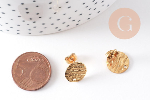 Clous-puces oreille disque acier 304 inoxydable dore IP texturé 1 trou 12mm, la paire (G10488)