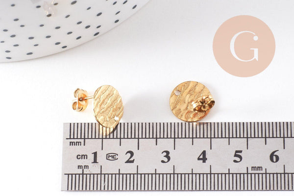 Clous-puces oreille disque acier 304 inoxydable dore IP texturé 1 trou 12mm, la paire (G10488)
