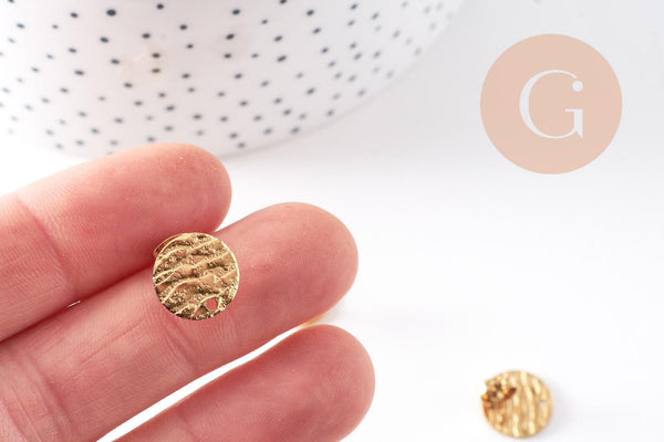 Clous-puces oreille disque acier 304 inoxydable dore IP texturé 1 trou 12mm, la paire (G10488)