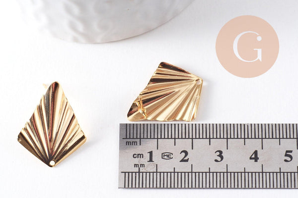Clous-puces oreille losange plié laiton doré 18K 1 trou 25mm, la paire (G10342)