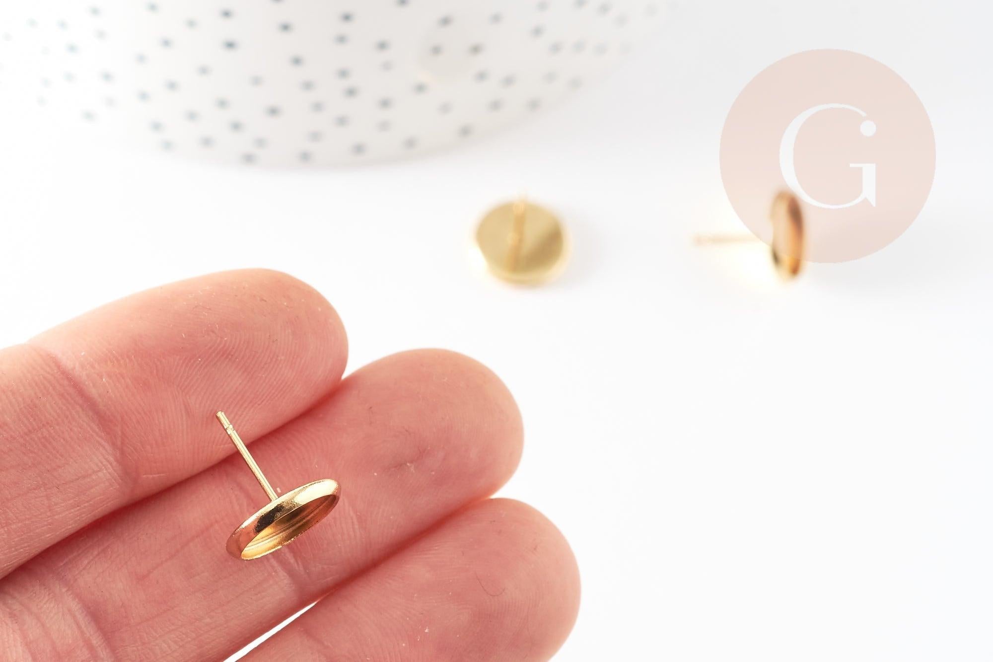 Clous-puces oreille support cabochon rond 10mm acier 304 inoxydable dore 24K, x10 (G9219)