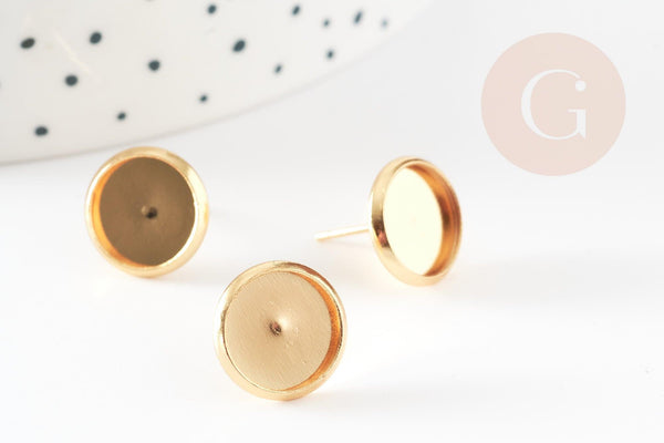 Clous-puces oreille support cabochon rond 10mm acier 304 inoxydable dore 24K, x10 (G9219)