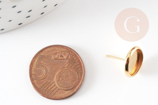 Clous-puces oreille support cabochon rond 10mm acier 304 inoxydable dore 24K, x10 (G9219)