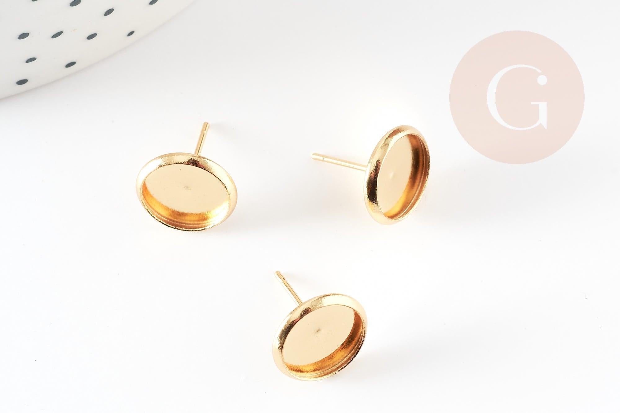 Clous-puces oreille support cabochon rond 10mm acier 304 inoxydable dore 24K, x10 (G9219)
