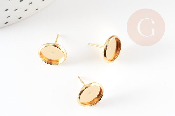 Clous-puces oreille support cabochon rond 10mm acier 304 inoxydable dore 24K, x10 (G9219)