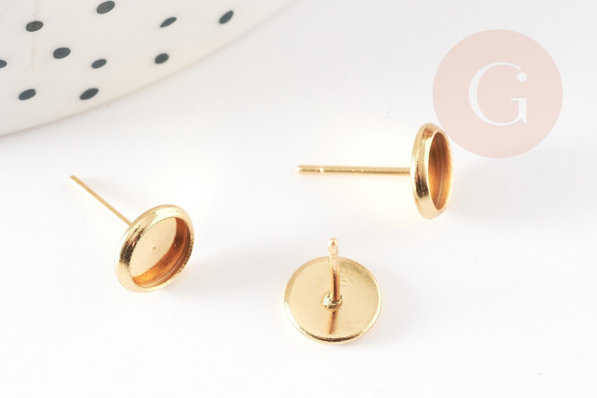 Clous-puces oreille support cabochon rond acier 304 inoxydable dore 18K, x10 (G9224)