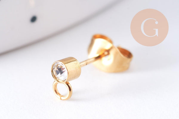 Clous-puces oreille zircon acier 304 inoxydable dore 6mm, la paire, (G10610)