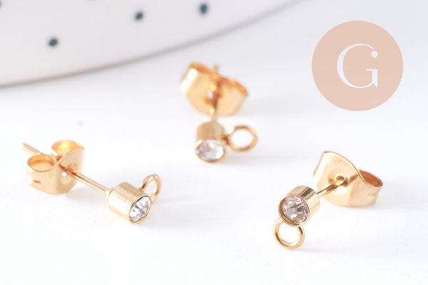 Clous-puces oreille zircon acier 304 inoxydable dore 6mm, la paire, (G10610)