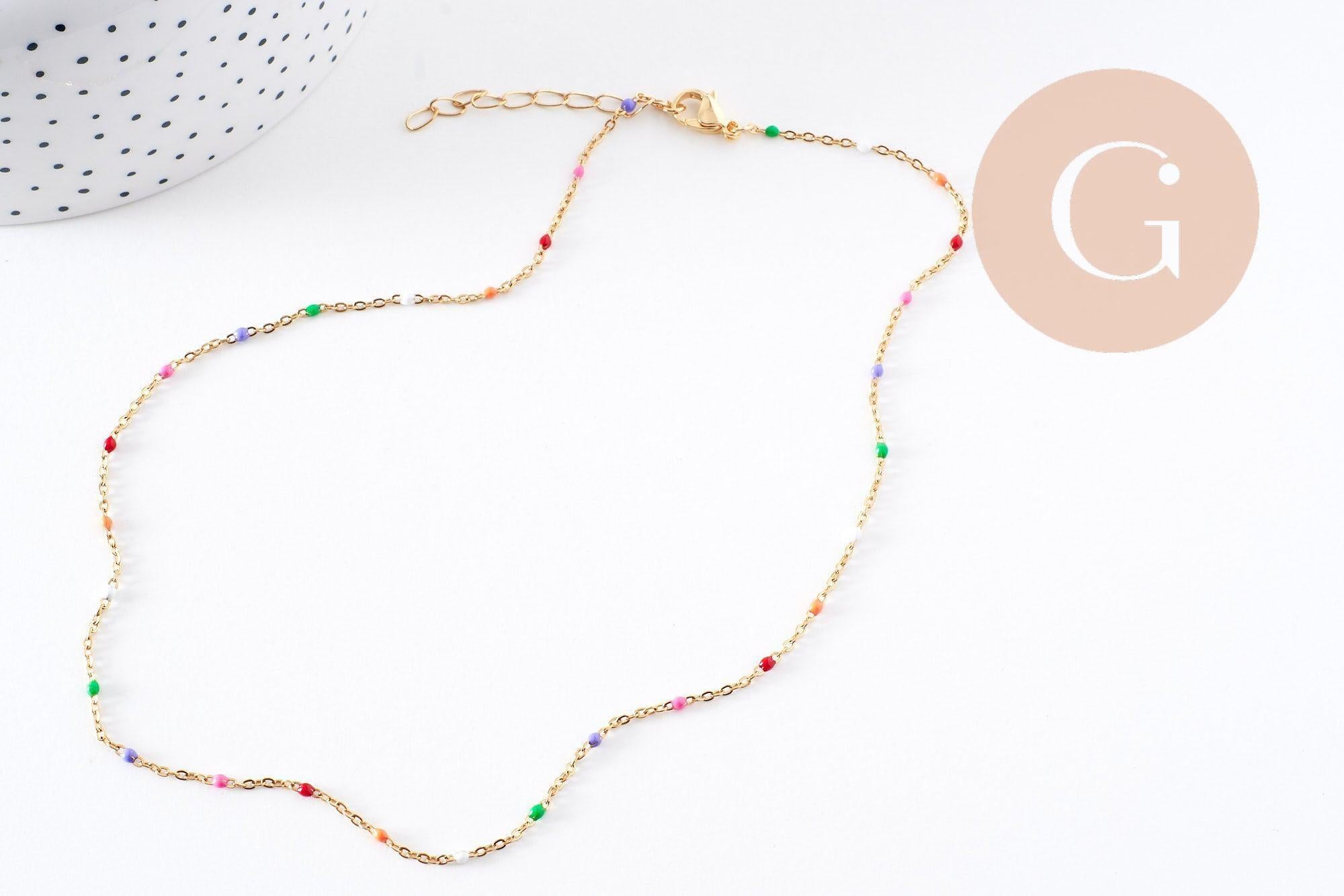 Collier Chaine acier 304 inoxydable doré 14k résine multicolore 2mm-41cm, x1 (G10240)