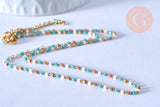 Collier Chaine avec fermoir acier inoxydable doré perles rocaille turquoise artisanale 40.7cm, x1 (G4010)