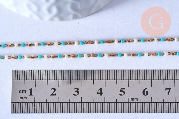 Collier Chaine avec fermoir acier inoxydable doré perles rocaille turquoise artisanale 40.7cm, x1 (G4010)