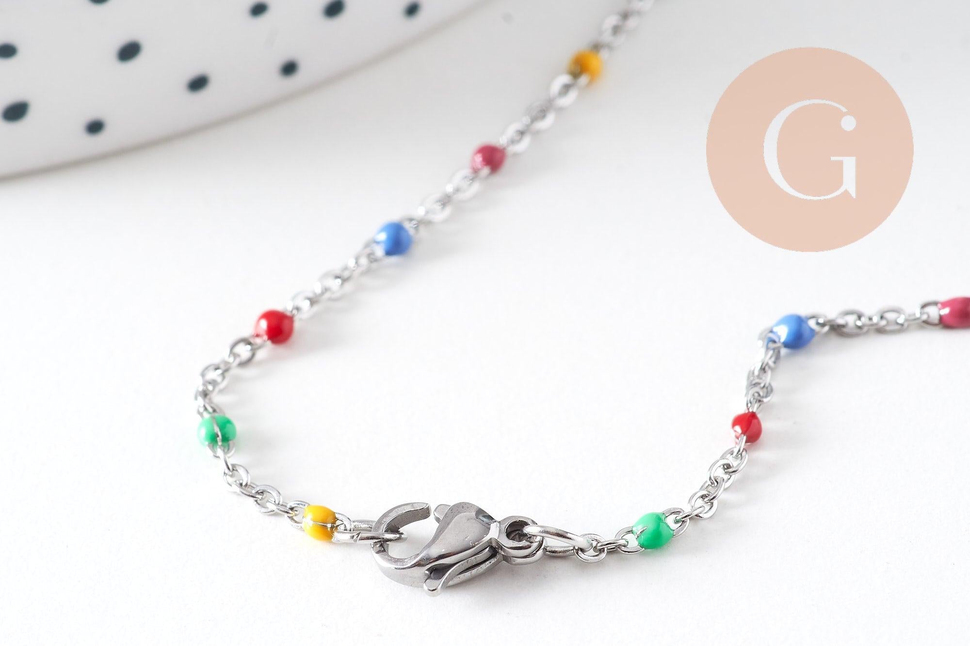 Collier Chaine avec fermoir acier inoxydable platine résine multicolore 2mm-45cm,chaine collier, x1 (G1412)